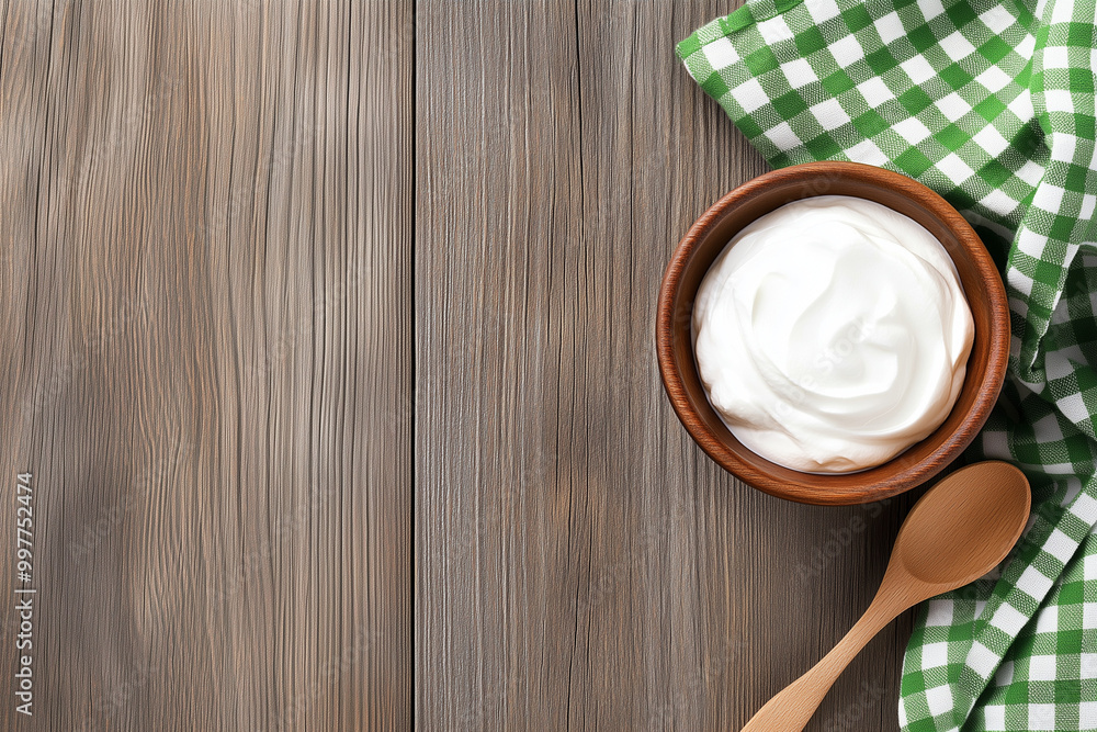 rustic breakfast with a Greek yogurt bowl served with a wooden spoon on a checkered cloth. banner/design/web rustic breakfast with a Greek yogurt bowl served with a wooden spoon on a checkered cloth. banner/design/web
