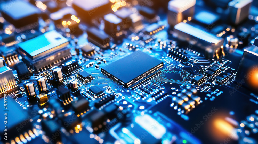 High resolution close up of circuit board showcasing intricate electronic components and connections, highlighting complexity of modern technology High resolution close up of circuit board showcasing intricate electronic components and connections, highlighting complexity of modern technology