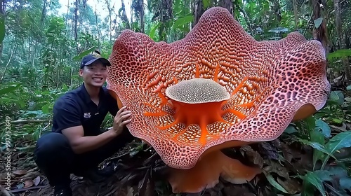 Man Standing Next to Huge Rafflesia Flower in Jungle photo