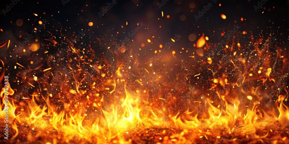 Fire embers particles over black background. Fire sparks background. Abstract dark glitter fire particles lights, fire