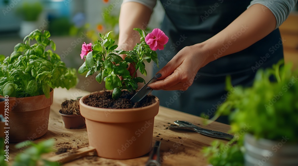Woman Planting Flowers in a Garden Setting Woman Planting Flowers in a Garden Setting