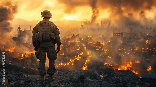 Wallpaper Mural soldier amidst the remnants of battle, seeking solace in the devastation around him. This poignant scene symbolizes resilience, reflection, and the quest for peace amidst chaos Torontodigital.ca