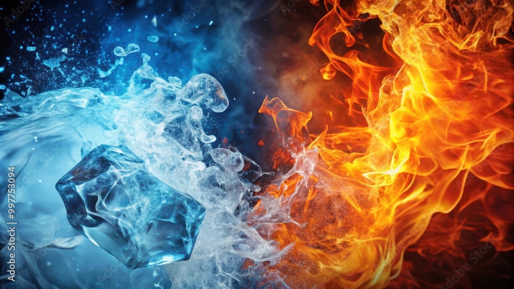 Vivid clash of ice and fire in dynamic close-up, ice, fire, clash, contrast, dynamic, vibrant, close-up, hot, cold, energy Vivid clash of ice and fire in dynamic close-up, ice, fire, clash, contrast, dynamic, vibrant, close-up, hot, cold, energy