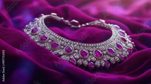 Shiny silver and ruby necklace on a luxurious royal purple velvet cloth, with a purple-to-silver gradient background and subtle festive sparkles, Copy space, happy Diwali background, traditional