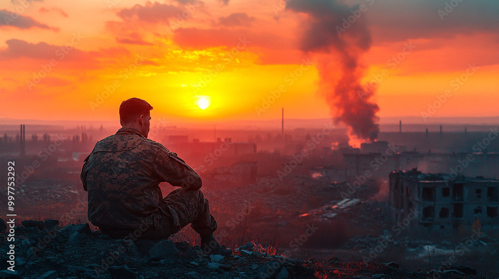 soldier amidst the remnants of battle, seeking solace in the devastation around him. This poignant scene symbolizes resilience, reflection, and the quest for peace amidst chaos soldier amidst the remnants of battle, seeking solace in the devastation around him. This poignant scene symbolizes resilience, reflection, and the quest for peace amidst chaos
