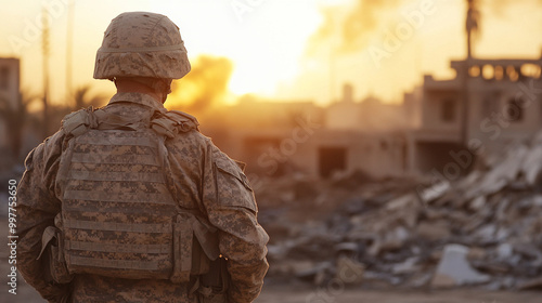 soldier amidst the remnants of battle, seeking solace in the devastation around him. This poignant scene symbolizes resilience, reflection, and the quest for peace amidst chaos