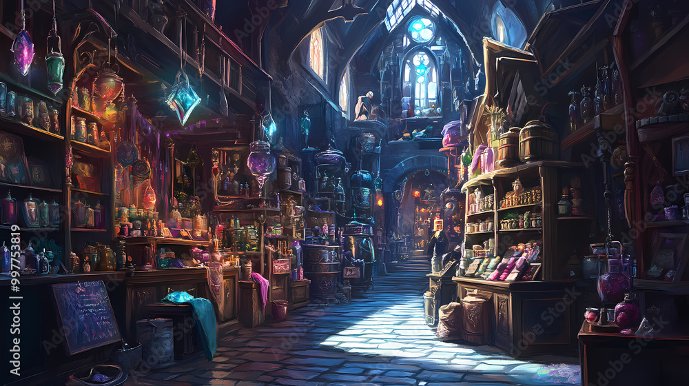 Fototapeta premium Fantasy marketplace with magical wares and artifacts. Fantasy Marketplace. Illustration