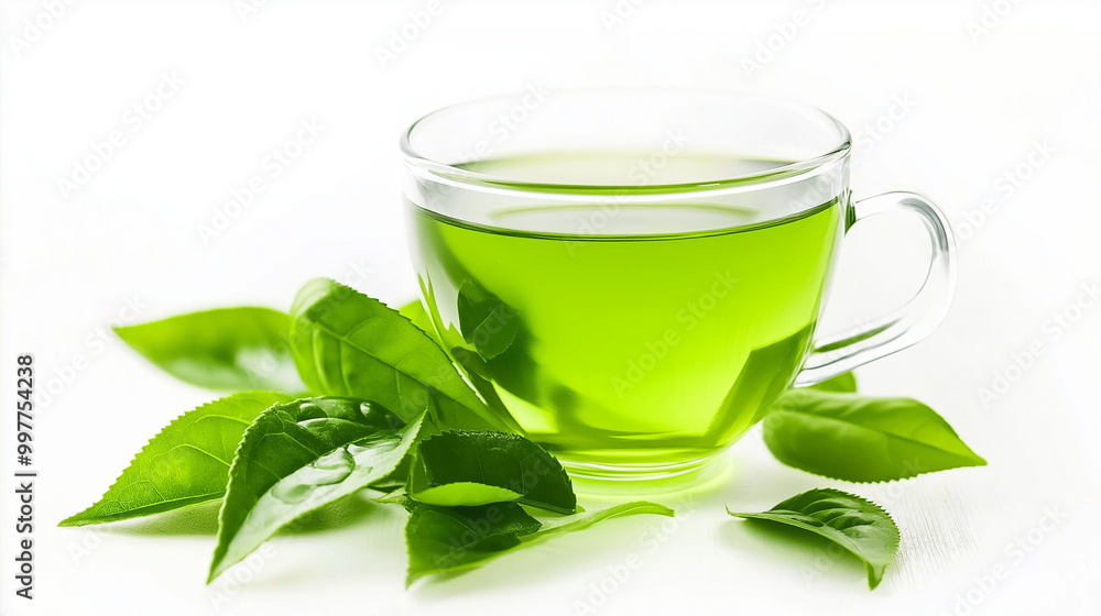 A steaming cup of green tea accompanied by fresh, vibrant leaves, ideal for promoting health, relaxation, and culinary creativity.