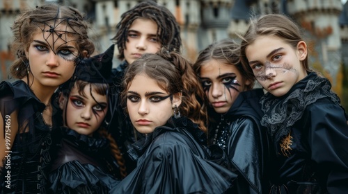 Gothic Teens in Halloween Costumes Group Portrait