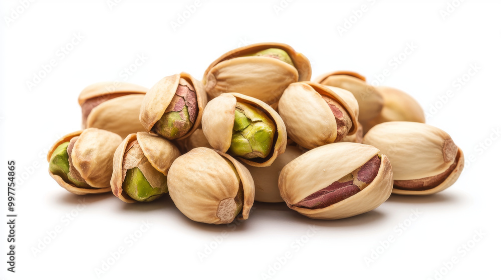 A bunch of delicious pistachios against a plain white backdrop. A bunch of delicious pistachios against a plain white backdrop.