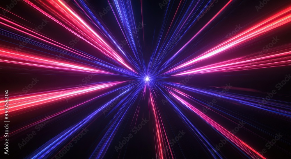 Red and blue rays of light emanate from the center, creating an abstract background with blurred edges Red and blue rays of light emanate from the center, creating an abstract background with blurred edges