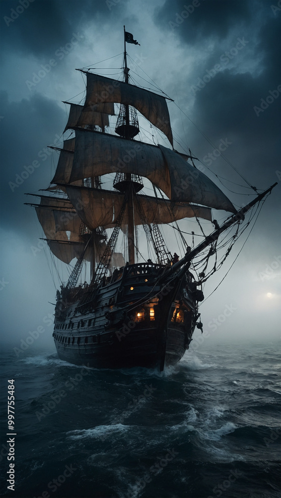 Fototapeta premium Image of ship and pirates in the middle of the waves, AI generated