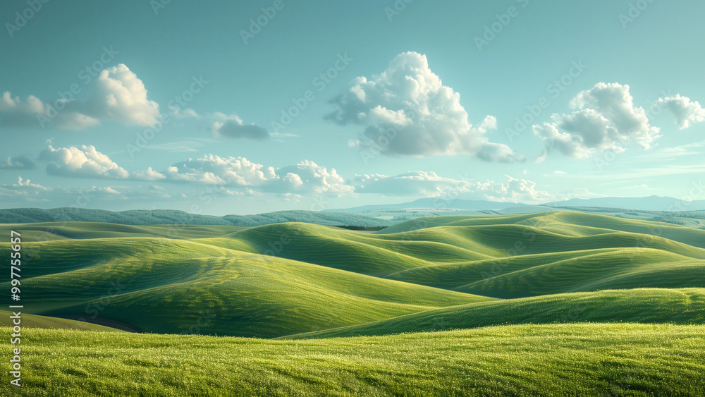 Fototapeta premium Green slopes beneath a blue sky with scattered clouds