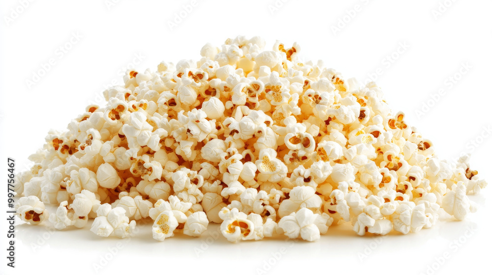 A big pile of popcorn, all by itself on a white background. A big pile of popcorn, all by itself on a white background.