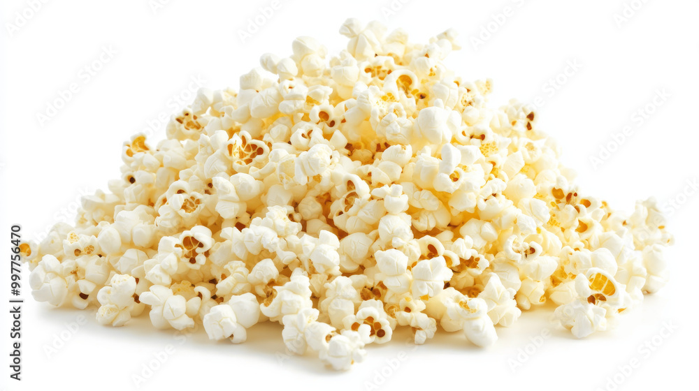 A big pile of popcorn, all by itself on a white background. A big pile of popcorn, all by itself on a white background.