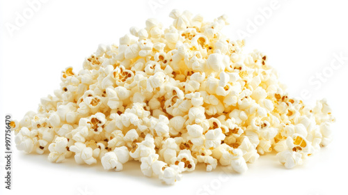 A big pile of popcorn, all by itself on a white background.