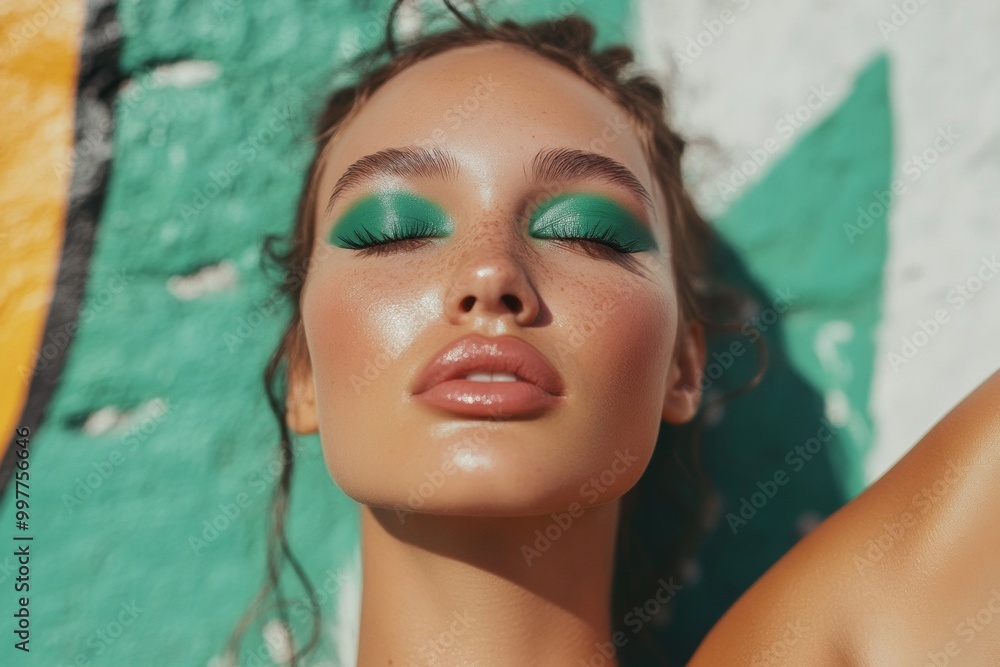 Fototapeta premium Vibrant Urban Portrait of a Confident Young Woman with Bold Green Makeup Against Colorful Street Art