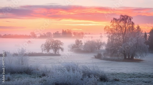 Dreamy winter sunrise over a fog-laden landscape, showcasing trees dusted with frost