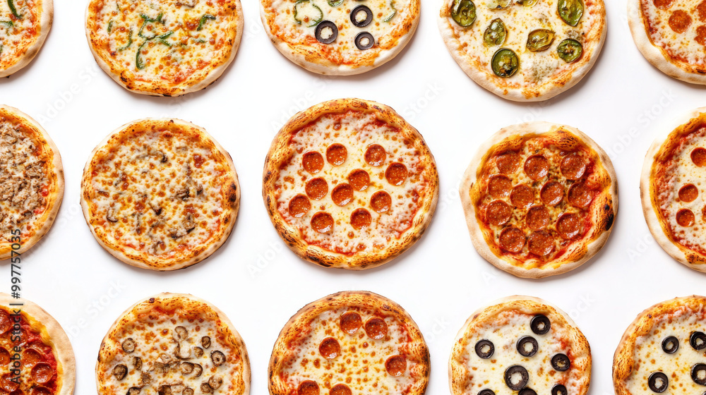 Several pizzas are shown, individually placed against a white backdrop. Several pizzas are shown, individually placed against a white backdrop.