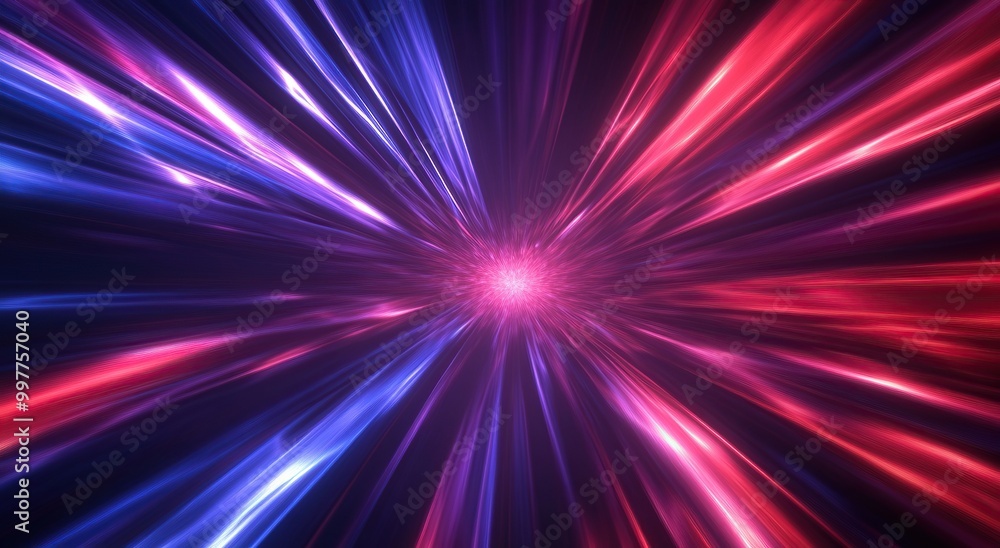 Red and blue rays of light emanate from the center, creating an abstract background with blurred edges Red and blue rays of light emanate from the center, creating an abstract background with blurred edges