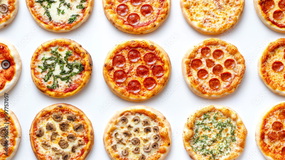 Several pizzas are shown, individually placed against a white backdrop. Several pizzas are shown, individually placed against a white backdrop.