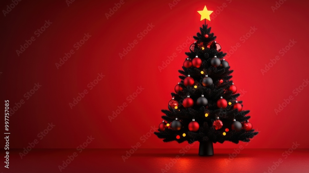 Festive Red and Black Christmas Tree with Glowing Ornaments - 3D Illustration of Holiday Decoration Festive Red and Black Christmas Tree with Glowing Ornaments - 3D Illustration of Holiday Decoration