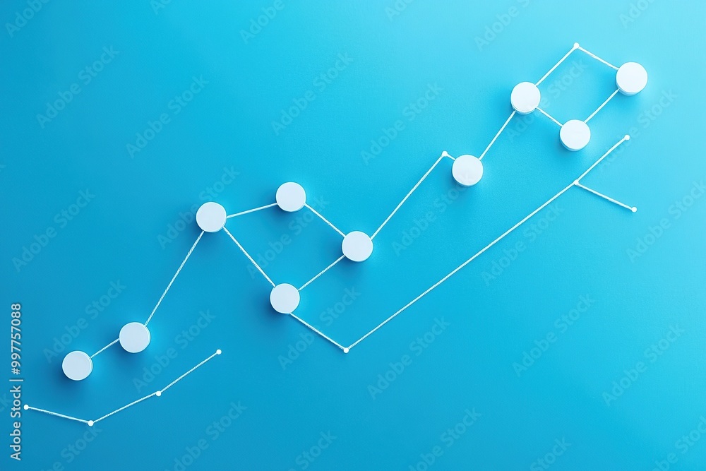 simple line graph going up on blue background, simple shapes, white string and dots in the shape simple line graph going up on blue background, simple shapes, white string and dots in the shape