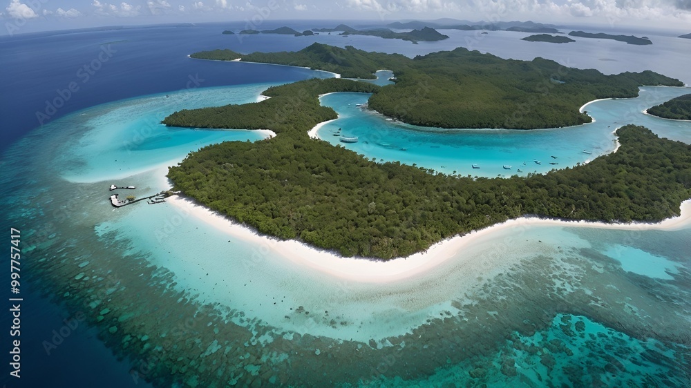 Obraz premium A breathtaking aerial shot of crystal-clear turquoise waters surrounding small tropical islands, with lush greenery and white sandy beaches, creating a serene and picturesque mobile wallpaper.