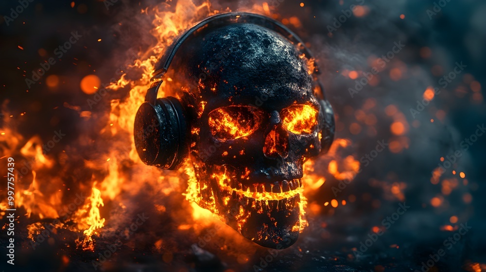 A flaming skull wearing charred industrial headphones, surrounded by sparks and molten metal, glowing in the fiery backdrop of a post-apocalyptic wasteland, Cyberpunk, Dark Tones, 3D Rendering A flaming skull wearing charred industrial headphones, surrounded by sparks and molten metal, glowing in the fiery backdrop of a post-apocalyptic wasteland, Cyberpunk, Dark Tones, 3D Rendering