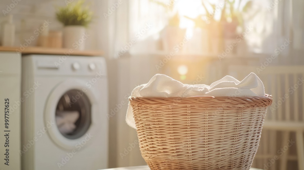 Basket of Clean White Laundry in Focus with Blurred Washing Machine and Drying Rack Background Basket of Clean White Laundry in Focus with Blurred Washing Machine and Drying Rack Background