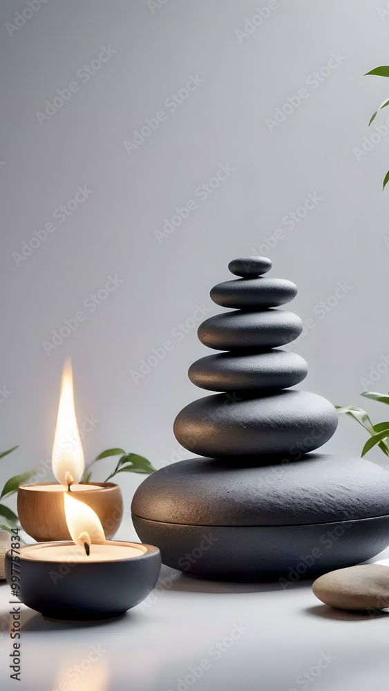 Serene stack of smooth stones beside flickering candles and lush greenery for a calming ambiance in a tranquil setting