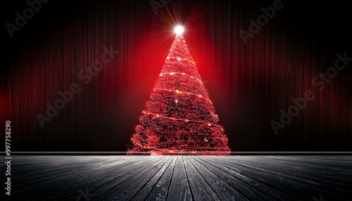 Red and black Christmas tree lights glowing in a dark room, 3D illustration for greeting cards or website banner
