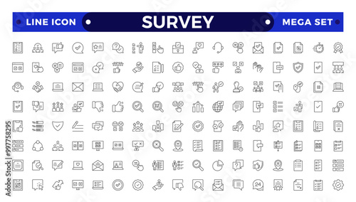 Survey icon set. Containing feedback, opinion, questionnaire, poll, research, data collection, review and satisfaction icons. Outline icon collection.