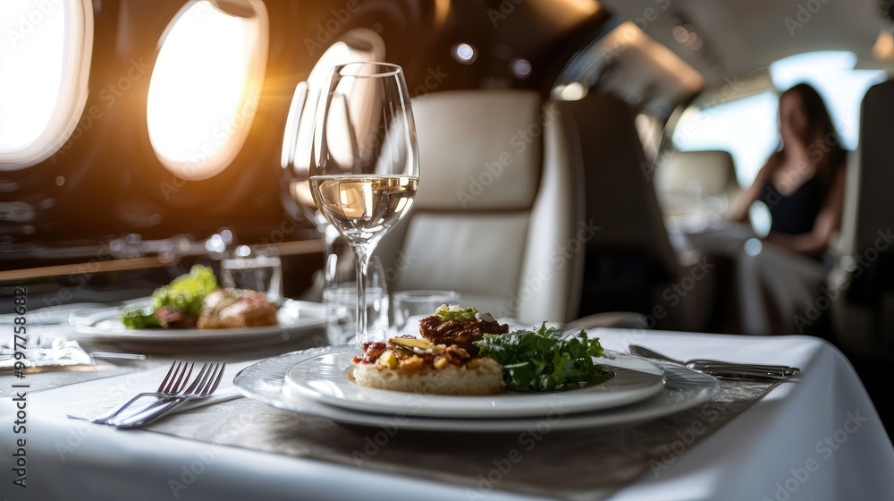 Luxury Private Jet Interior with Passengers Enjoying Fine Dining. Elegant Table Settings and Gourmet Cuisine Luxury Private Jet Interior with Passengers Enjoying Fine Dining. Elegant Table Settings and Gourmet Cuisine