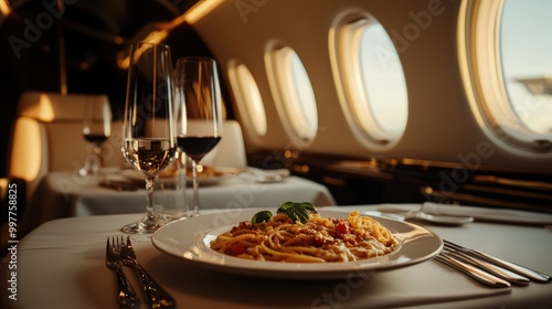 Luxury Private Jet Interior with Passengers Enjoying Fine Dining. Elegant Table Settings and Gourmet Cuisine