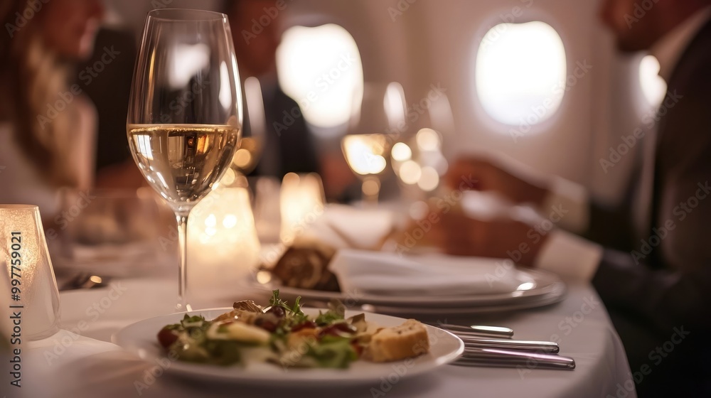 Luxury Private Jet Interior with Passengers Enjoying Fine Dining. Elegant Table Settings and Gourmet Cuisine