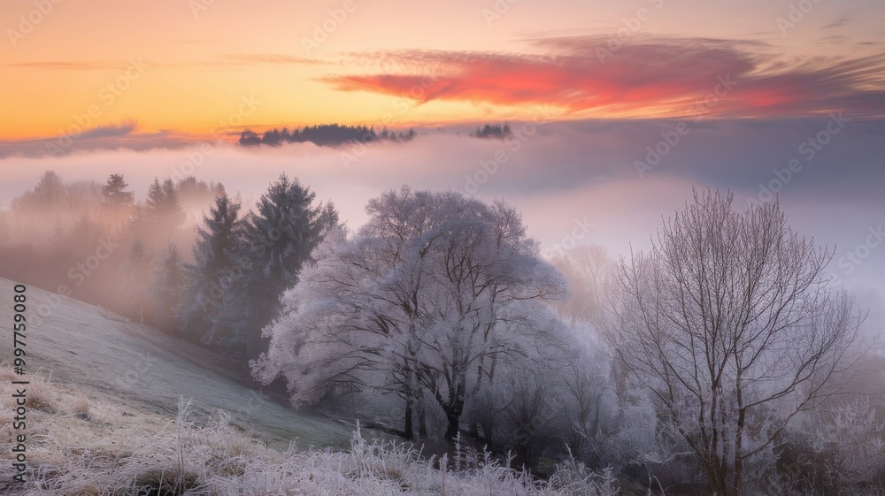 Dreamy winter sunrise over a fog-laden landscape, showcasing trees dusted with frost Dreamy winter sunrise over a fog-laden landscape, showcasing trees dusted with frost