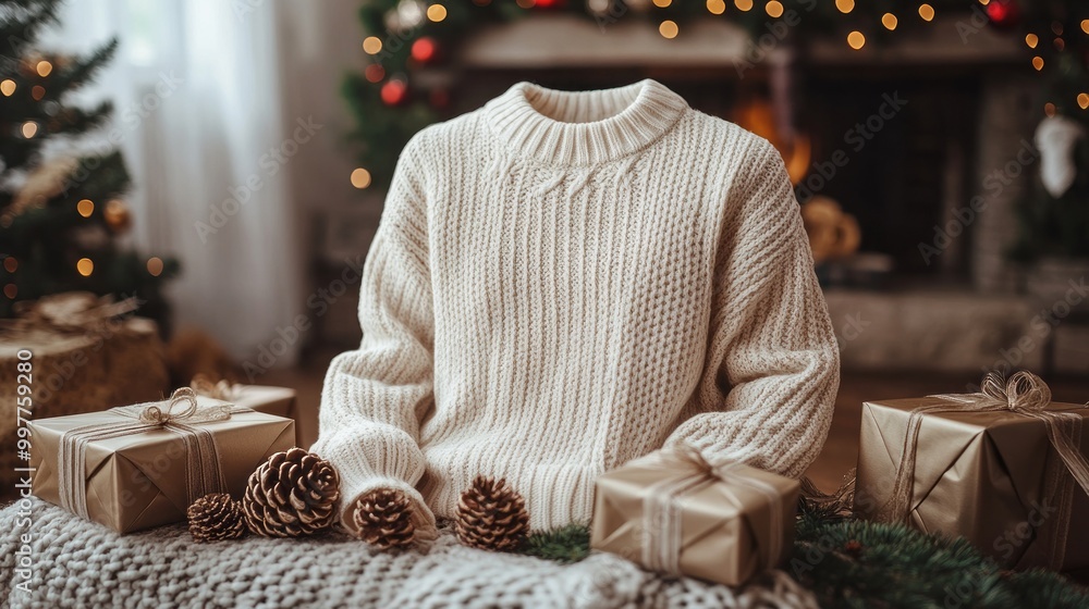 Cozy Christmas Mockup of Blank White Comfort Fit Sweater with Holiday Decor, Ultra HD Quality Cozy Christmas Mockup of Blank White Comfort Fit Sweater with Holiday Decor, Ultra HD Quality