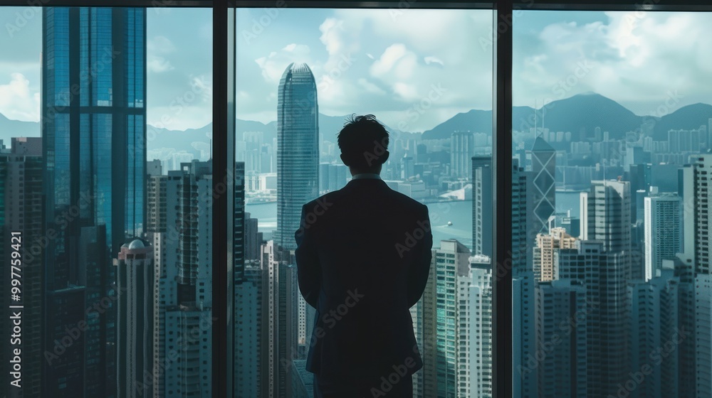 Businessman looking out the window at a city skyline. Concept of leadership, business, and urban life. Businessman looking out the window at a city skyline. Concept of leadership, business, and urban life.