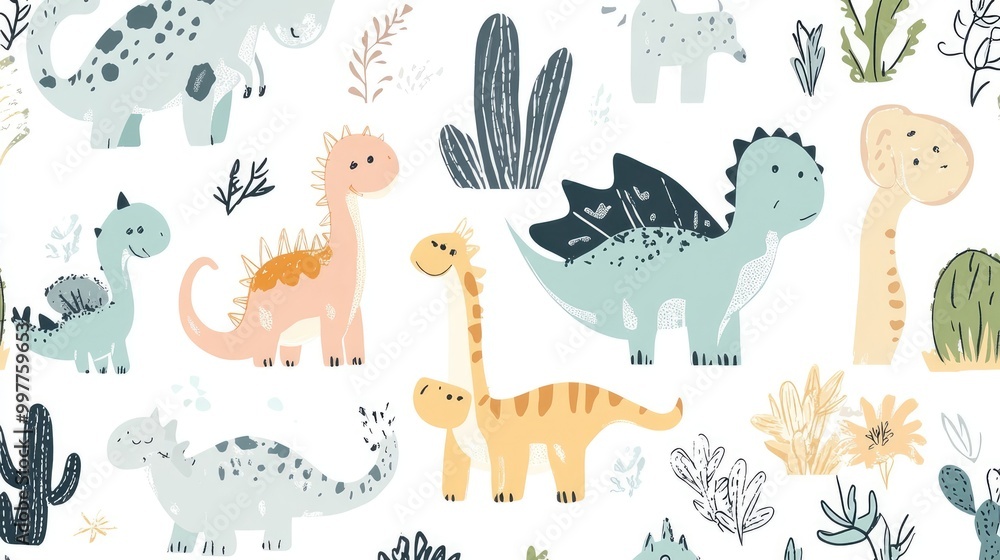 Minimalist Cute Doodle Dinosaurs, Plants, and Mountains Pattern Design Minimalist Cute Doodle Dinosaurs, Plants, and Mountains Pattern Design