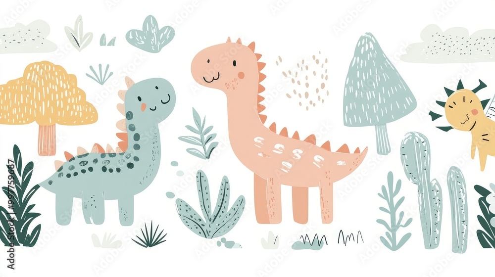 Minimalist Cute Doodle Dinosaurs, Plants, and Mountains Pattern Design Minimalist Cute Doodle Dinosaurs, Plants, and Mountains Pattern Design