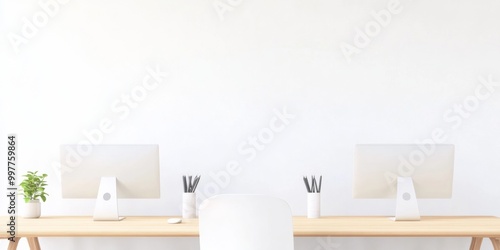 Minimalist Modern Office Desk Setup with Computers and Plants in Bright Workspace photo