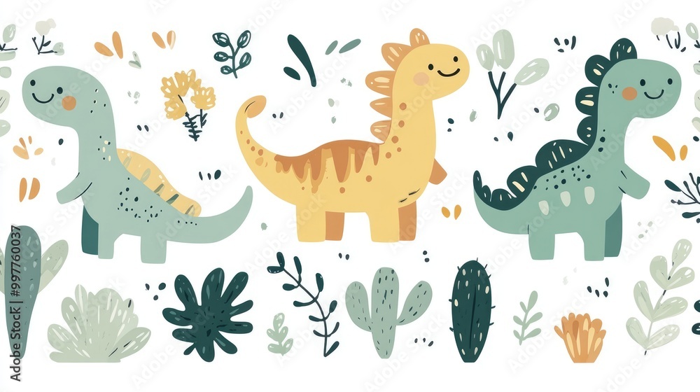 Minimalist Cute Doodle Dinosaurs, Plants, and Mountains Pattern Design Minimalist Cute Doodle Dinosaurs, Plants, and Mountains Pattern Design