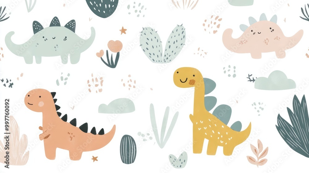 Obraz premium Minimalist Cute Doodle Dinosaurs, Plants, and Mountains Pattern Design
