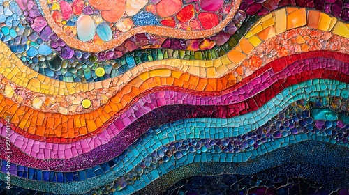 Vibrant coral reef mosaic made from multicolored sea glass pieces, arranged in flowing patterns, Psychedelic art, vivid colors, fluid design, glowing outlines