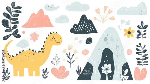 Minimalist Cute Doodle Dinosaurs, Plants, and Mountains Pattern Design