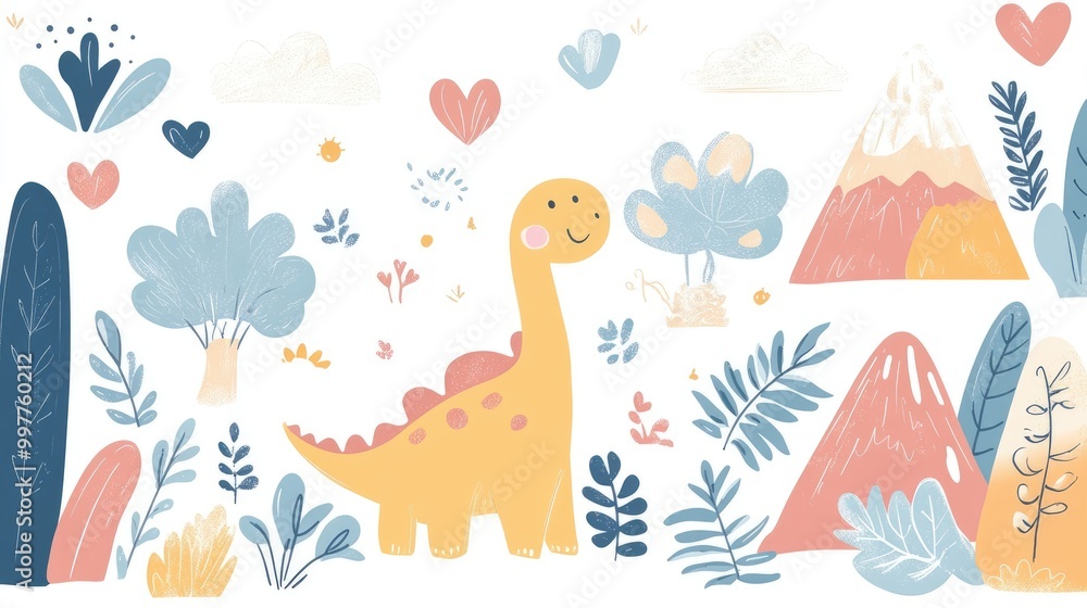 Minimalist Cute Doodle Dinosaurs, Plants, and Mountains Pattern Design Minimalist Cute Doodle Dinosaurs, Plants, and Mountains Pattern Design