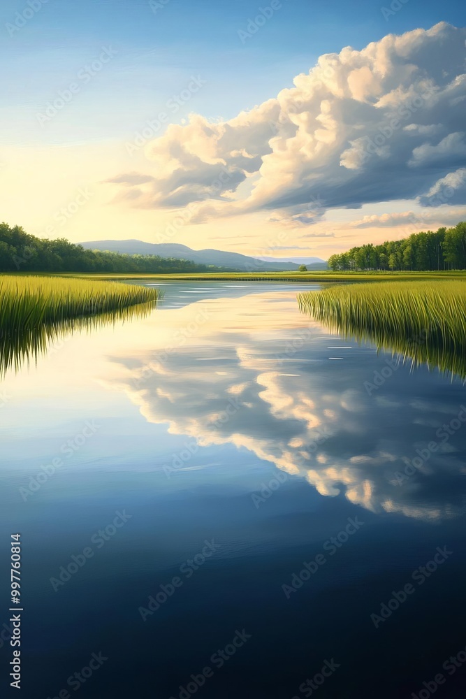 A tranquil lake reflecting a beautiful evening sky A tranquil lake reflecting a beautiful evening sky