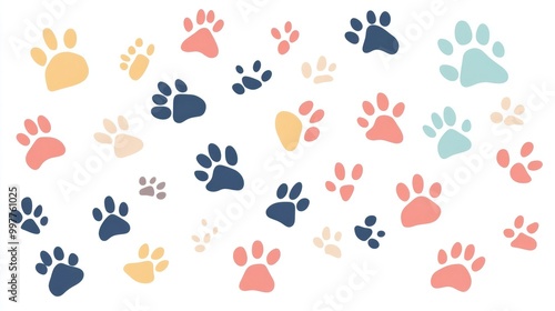 Vector Flat Illustration of Various Paw Prints. Pastel Color Palette on White Background