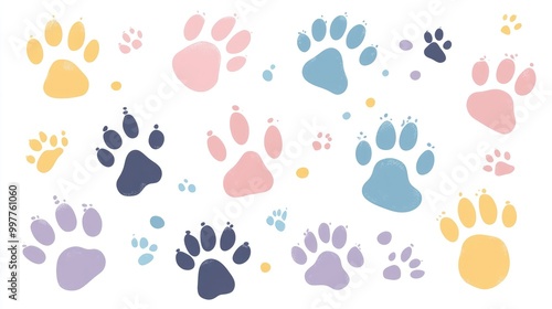 Vector Flat Illustration of Various Paw Prints. Pastel Color Palette on White Background